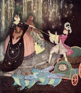 "Der Prinz nahm eine Kutsche, die von drei großen Fröschen mit großen Flügeln gezogen wurde. Truitonne kam geheimnisvoll durch eine kleine Tür heraus", Illustration aus dem französischen Märchen Der Blaue Vogel, aus Edmund Dulacs Märchenbuch: Märchen der A von Edmund Dulac