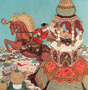 "Das kastanienbraune Pferd schien in der Luft zu verweilen, während dieser Kuss andauerte", Illustration aus dem russischen Märchen Iwan und das Kastanienbraune Pferd, aus Edmund Dulacs Märchenbuch: Märchen der Alliierten Nationen, veröffentlicht 1916 von Edmund Dulac