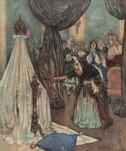 Dornröschen: Eine alte Fee beugt sich über die Wiege der Prinzessin und verflucht sie, ca. 1910 von Edmund Dulac