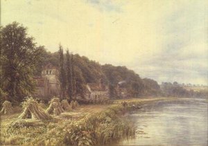 Dorf am Fluss mit angelnden Figuren