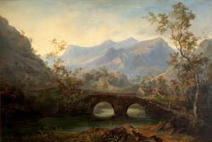 Gebirgige Landschaft mit Fluss, Brücke und Hütten, 19. Jahrhundert von Edmund John Niemann