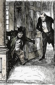 Dr. Lanyon öffnet seine Tür und entdeckt Mr. Hyde in viel zu großen Kleidern, Illustration von Edmund Joseph Sullivan (1869-1933) für den Roman „Der seltsame Fall des Dr. Jekyll und Mr. Hyde“ von Robert Louis Stevenson (1850-1894) 1927