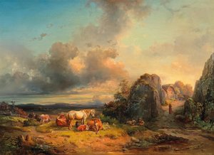Tierherde und figürliche Staffage vor einer weiten Landschaft