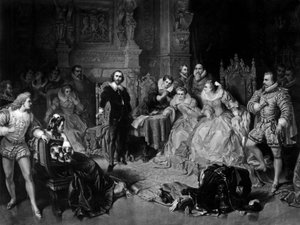William Shakespeare (1564-1616) am Hof von Königin Elisabeth I., graviert von Pierre Cottin, ca. 1864 (Mezzotinto)