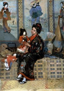 Die neue Puppe. Frau im Kimono mit einer Porzellanpuppe. Einfluss Japans auf die europäische impressionistische Malerei. Gemälde von Edouard Castres (1838-1902)