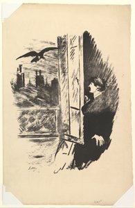 Hier öffnete ich hastig den Fensterladen. Illustration zu Der Rabe von Edgar Allan Poe von Édouard Manet