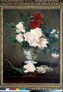 Vase mit Pfingstrosen auf einem Tisch