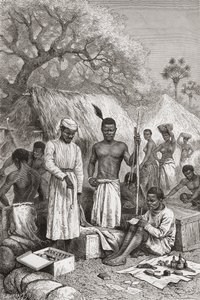 Abdullah Souzi, Jacob Wainright und James Chouma, Dr. David Livingstones drei Diener, die nach seinem Tod 1873 seinen Besitz inventarisieren, Illustration aus "Die Welt in den Händen", graviert von Charles Barbant von Edouard Riou
