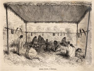 Ajoupa (prekäre Wohnkonstruktion) der Antis-Indianer in Biticaraya (Peru), Zeichnung von Riou, zur Illustration der Reise vom Pazifik zum Atlantik von Edouard Riou
