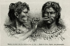 Ein Instrument aus Vogelknochen und eine Art Schnupfen unter den Indianern Ouïtotos (Uitoto), die im Einklang blasen und gleichzeitig den Fang senden. Gravur von Riou, zur Illustration der Geschichte De Cayenne aux Andes, von Jules Crevaux, Arzt der franzö von Edouard Riou