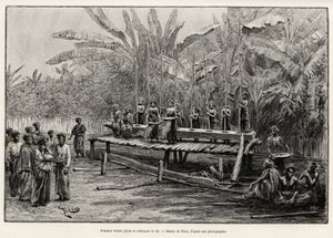 Batak-Frauen, ethnische Gruppe von Nord-Sumatra, stampfen und reinigen Reis. Gravur von Riou zur Illustration der Geschichte „Ein Jahr in Malaysia“, von Jules Claine (1856-1939) von Edouard Riou