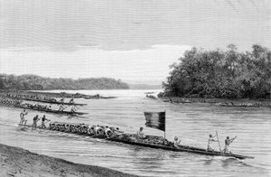 Abreise aus dem Dorf Lambarene in Afrika. In „Reise in Westafrika“ von Brazza von Edouard Riou