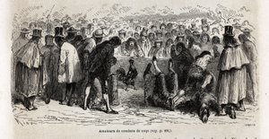 Kämpfer versammeln sich jeden Sonntag um die Cancha de Gallos (Zirkus von 30 Fuß Umfang), um den tödlichen Kämpfen der Tiere in Cuzco beizuwohnen, Zeichnung von Riou, zur Illustration der Reise durch Südamerika von 1848 bis 1860 von Paul Marcoy. Gravur von Edouard Riou