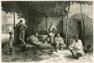 Installation der Mission in Nango, für einen 10-monatigen Aufenthalt, mit Porträts von Gallieni und seinen Kapitänen Valliere und Pietri, Doktor Tautain sowie seinen Dolmetschern, Führer und Kantiniere. Gravur von Riou, basierend auf einer Skizze des Autor von Edouard Riou