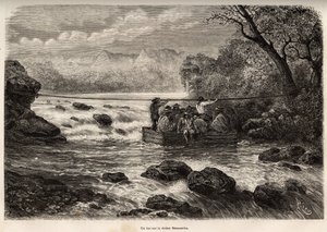 Die Überquerung mit der Fähre des Mesacancha-Flusses (Unteres Peru), Gravur von E. Riou zur Illustration der Reise in die Berge, das Tal von Huarancalqui und die Regionen von Pjonal, 1862-1863, von Paul Marcoy, veröffentlicht in „Le tour du monde“ 1875