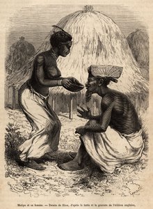 Matipa, ein indigener Mann, der Livingstones Team Kanus zur Verfügung stellte, wurde von seiner Frau bedient, graviert nach einer Zeichnung von Riou, zur Illustration von David Livingstones letztem Tagebuch (1813-1873), 1866-1873, veröffentlicht in „Le tou von Edouard Riou