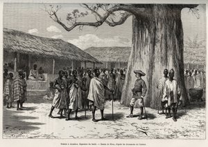 Palaver in Aouabou (Elfenbeinküste). Unterzeichnung des Handelsabkommens am Hof von Anno, mit einem Porträt des Autors. Gravur von Riou, zur Illustration der Geschichte „Vom Niger zum Golf von Guinea“ von Hauptmann Louis Gustave Binger (1856-1936), 1887-18