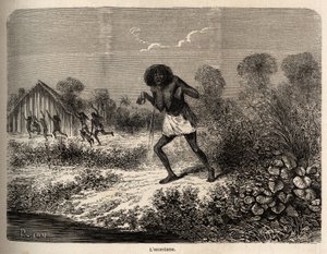 Panik unter den Conibos-Indianern, die bei der Ankunft der Expedition von Paul Marcoy in der Nähe von Tumbaya (Peru) flohen, der selbst Opfer einer bösen Beschwörung durch einen alten Indianer wurde, Zeichnung von Riou zur Illustration der Reise von 1848 b von Edouard Riou