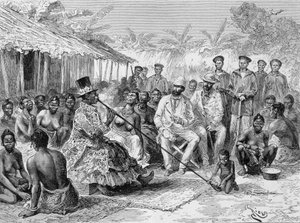 Savorgnan de Brazza palavert mit Renoké, Dorfvorsteher von Westafrika - in „Tour du Monde“, 2. Woche 1887 von Edouard Riou