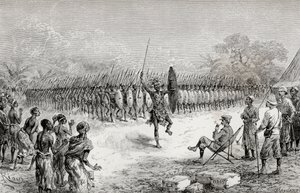 Sir Henry Morton Stanley beobachtet einen Phalanx-Tanz von Mazambonis Kriegern in Usiri, 1890 (Holzstich)