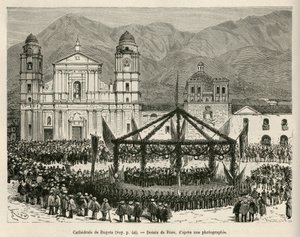 Die Kathedrale von Bogotá, auf dem Bolivar-Platz (Kolumbien), während der jährlichen Feier der Unabhängigkeit (18. Dezember), zu diesem Anlass wurde ein ephemerer Kiosk errichtet, um das Orchester unterzubringen, Zeichnung von E. Riou, um die Reise nach Äq