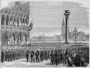 Der König von Italien Viktor Emanuel II. (Vittorio Emanuele) in Venedig auf dem Markusplatz. Nach der Niederlage der Österreicher bei Sadowa wurde Venetien 1866 dem Königreich Italien zurückgewonnen. Gravur nach einer Zeichnung von Crepon und Riou. In „Das von Edouard Riou