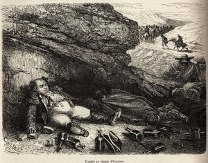 Der Oberst des Genies und sein Adjutant, betrunken nach dem kleinen Fest, das von den Notablen von Cailloma gegeben wurde, verstecken sich hinter den Felsen, der Erzähler und sein Reisebegleiter, im Hintergrund kehrt die Truppe der Notablen nach Hause zurü von Edouard Riou