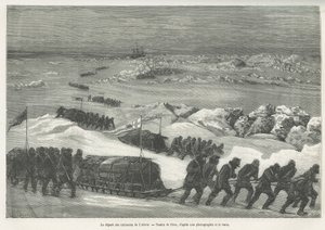 Der Aufbruch der Alert-Schlitten, Schiff der Polarexpedition, Zeichnung von Riou, um die Geschichte einer Reise zum Polarmeer in 1875-1876 zu illustrieren, von Kapitän G.S. Nares. Gravur in Le tour du monde. von Edouard Riou