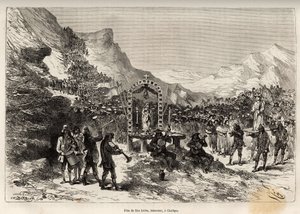 Das Fest von San Isidro, Schutzpatron der Pflüger und Beschützer der Kulturen, in Challqui (Peru), die Parade von mehr als 1000 Indianern aus der Umgebung, bringt die Statue des Heiligen zum Altar der Jungfrau, dann versammeln sich alle zum Fest