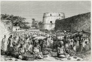 Der Obstmarkt von Sansibar (Tansania). Gravur von Riou zur Illustration der Geschichte „Reise nach Benadir, die Omalis und Bayoun“ 1882-1883, von M.G. Revoil. Veröffentlicht in Le Tour du monde, nouveau journal des voyages von Edouard Riou