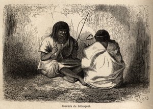 Das Spiel des Bilboquet, mit einem Schildkrötenkopf, unter den Conibos-Indianern von Peru, Zeichnung von Riou zur Illustration der Reise von 1848 bis 1860 von P. Marcoy, vom Pazifischen Ozean zum Atlantischen Ozean. Gravur in „Le tour du monde“, herausgege
