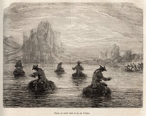 Das Suchi-Fischen (kleiner brauner Fisch der Welsart) am Villafro-See, in der Nähe des Dorfes Cailloma, die Indianer locken die Fische mit Fleischstücken an, Gravur von E. Riou zur Illustration der Reise in die Berge,