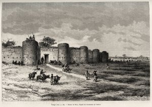 Die Stadt Tiong-Gi (Tiong Gi, Mali) mit ihren Befestigungen und Lehmhäusern. Gravur von Riou zur Illustration der Geschichte „Vom Niger zum Golf von Guinea“ von Hauptmann Louis Gustave Binger (1856-1936), veröffentlicht in Le Tour du monde von Edouard Riou
