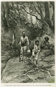 Der Reisende entfaltet die Trikolore an den Quellen des Orinoco. Gravur von Riou zur Illustration der Geschichte „Reise zu den Quellen des Orinoco“ 1886-1887, von Jean Chaffanjon, im Auftrag des Bildungsministeriums, in Le Tour du monde 1888, herausgegeben