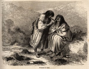 Tabakauktionatoren, geschminkt nach der Tradition des Stammes der Antis (Peru), Zeichnung von Riou, zur Illustration der Reise von Paul Marcoy vom Pazifischen Ozean zum Atlantischen Ozean von 1848 bis 1860. Gravur in „Le tour du monde“, herausgegeben von E