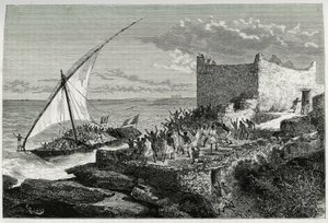 Mit dem Dung der Reisenden, die den Hafen von Moguedouchou (Mogadischu) betreten, machen die Matrosen einen großen Lärm, um die Menschen anzulocken, die sie mit Begeisterungsrufen empfangen. Gravur von Riou, zur Illustration der Geschichte „Reise bei den B