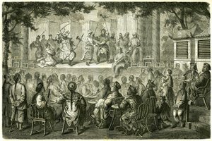 Ansicht einer Aufführung der Peking-Oper (Beijing), China, nach der Reiseerzählung von Madame de Bourboulon. Gravur nach einer Zeichnung von Vaumort, in „Le Tour du Monde, Nouveau journal des Voyages“, herausgegeben von Edouard Charton, Paris