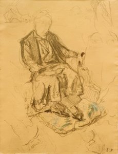 Madame Bénard sitzend, Füße auf einem Kissen