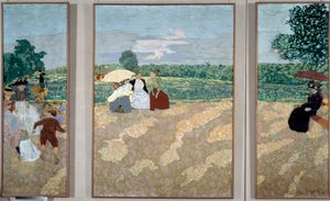 Die öffentlichen Gärten: Die Kindermädchen, Das Gespräch und der rote Regenschirm - Triptychon für die Dekoration des Herrenhauses von Alexandre Natanson von Edouard Vuillard