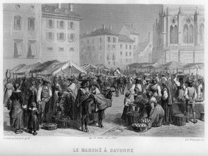 Markt in Bayonne, Pyrénées-Atlantiques, Aquitaine, Frankreich. Gravur von Willmann in „La France ancienne et moderne“ von Jean-Bernard Mary-Lafon