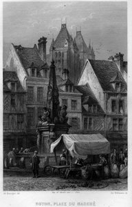 Marktplatz der Stadt Noyon, Oise, Picardie, Frankreich. Gravur von Willmann in „La France ancienne et moderne“ von Jean-Bernard Mary-Lafon von Edouard Willmann