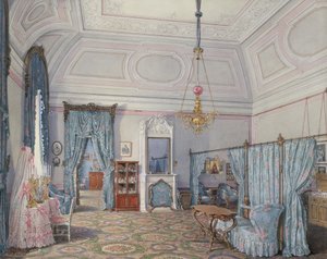 Innenräume des Winterpalastes. Das fünfte reservierte Apartment. Das Schlafzimmer der Großprinzessin Maria Alexandrowna, 1873 von Eduard Hau
