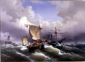 Schiffe in stürmischem Wasser vor einer Küste