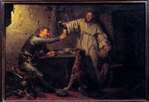 Mittelalterlicher Krieger stößt mit einem Einsiedler in einer Taverne an. Gemälde von Eduard von Grützner (1846-1925) 1878. Paris, Musee d