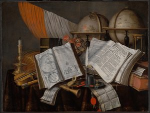 Vanitas-Stillleben mit einer Flagge, Kerzenhalter, Musikinstrumenten, Büchern, Schreibutensilien...