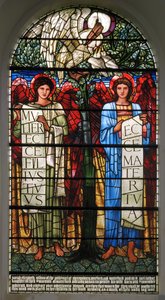 Der Pelikan in ihrer Frömmigkeit und Engel mit Schriftrollen von Edward Burne Jones