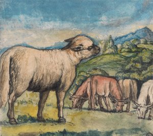 Lamm und Ochsen in einer pastoralen Landschaft von Edward Calvert