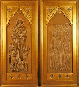 Christus segnet die kleinen Kinder und Frauen bringen Kinder in die Gegenwart von Christus