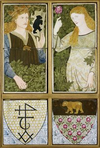König Artus und Königin Guinevere, Sechsteilige Fliesenplatte hergestellt von Morris, Marshall, Faulkner & Co.