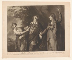 Porträt von David Garrick zwischen Personifikationen von Komödie und Tragödie